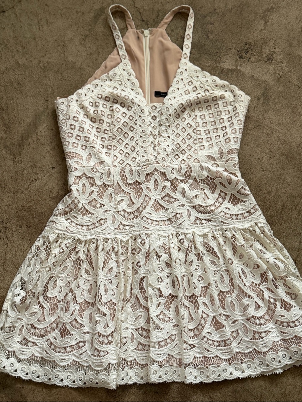 BCBGMaxAzria Carlita White Lace Halter Mini Dress with Nude Lining